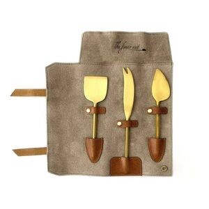 Nappa Dori Designer Cheese Gold Serving Set in Gray w Leather Handcrafted India